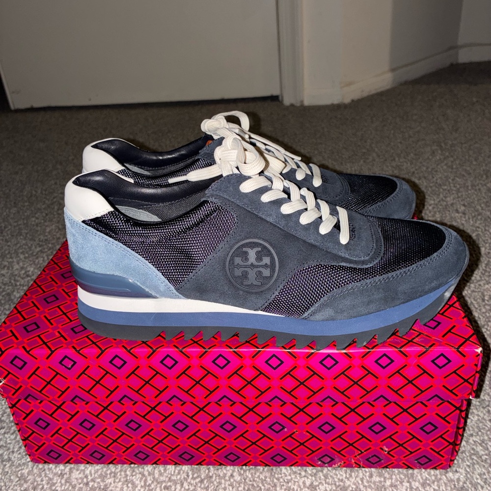 Tory Burch Blue Suede & Mesh Platform Sneakers with White Accents
